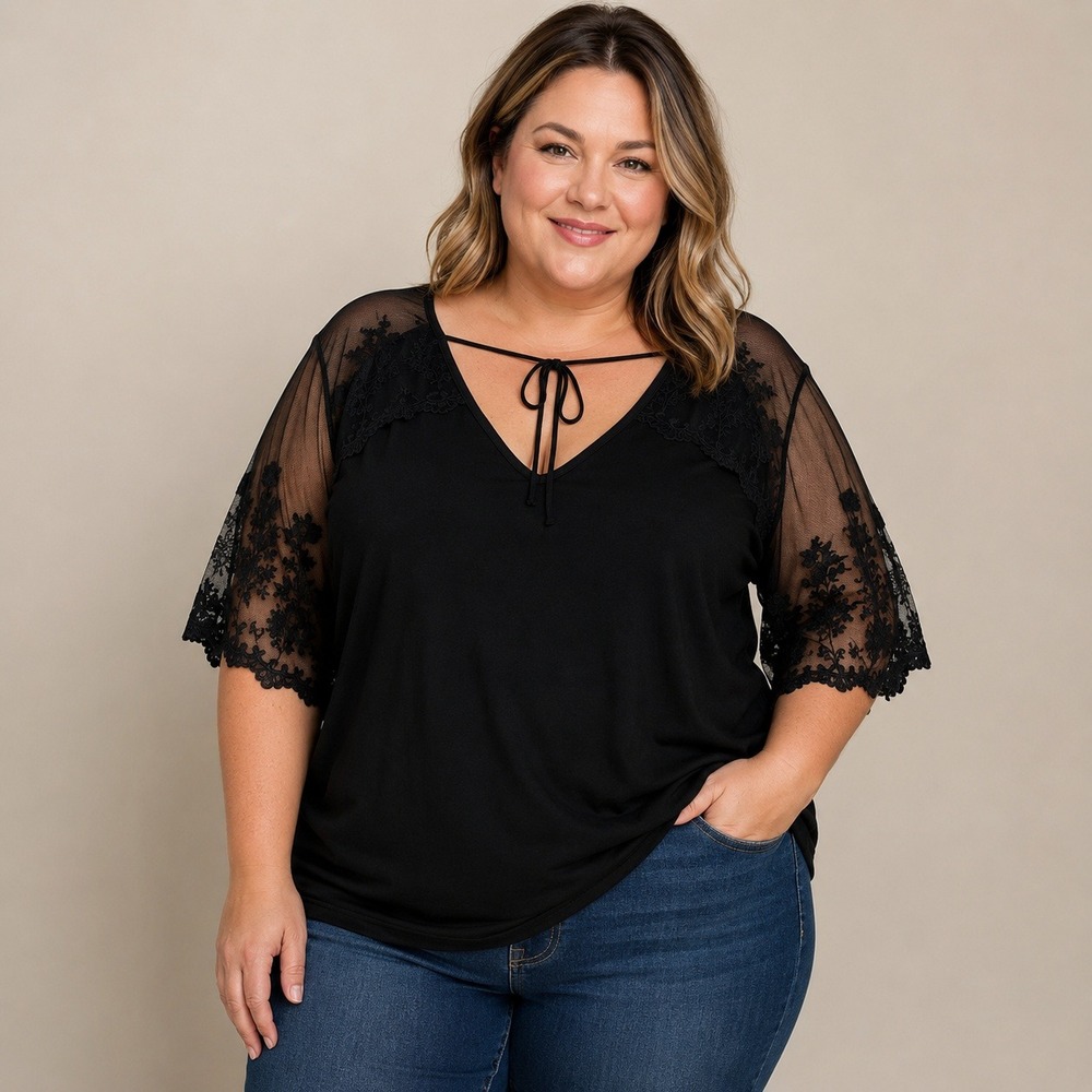 Willow Young Contemporary Black Lace Floral Mesh V-Neck Tie Blouse 3X Victorian
